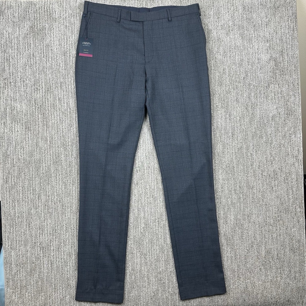 Charles Tyrwhitt Men's Pants Blue Wales Check Wool Slim Fit Trouser 36W/36L
